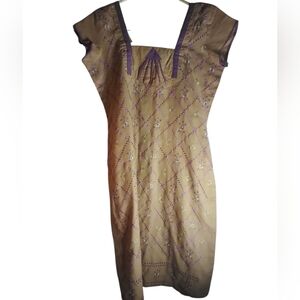 Vtg Elegant Purple and Tan Dress Cover Up Size S Square Neck Boho Cottagecore